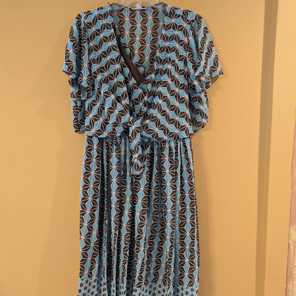 Teal & Brown Print Dress